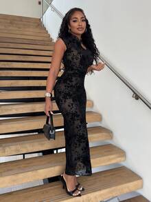 Alexandranx Gaun Panjang Elegan Model Cheongsam Berwarna Hitam dengan Tekstur Beludru Timbul dan Potongan Pas Badan, Cocok untuk Musim Semi dan Musim Panas, Gaun untuk Wanita di Musim Panas - Hitam - View 5