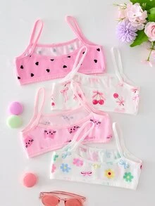 4件組女童幼兒小女孩極簡時尚花朵貓咪與蝴蝶結印花休閒日常細肩帶背心內衣 秋季 - 彩色 - 查看 2