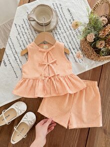 SHEIN Baby Girls Orange Striped Ruffle Hem Peplum Top And Shorts Set - Orange - View 5