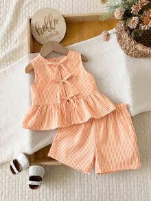 SHEIN Baby Girls Orange Striped Ruffle Hem Peplum Top And Shorts Set - Orange - View 1