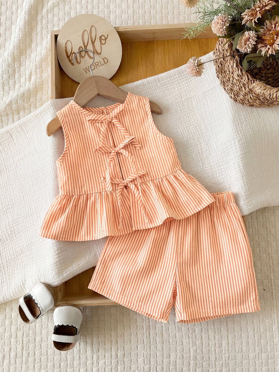 SHEIN Baby Girls Orange Striped Ruffle Hem Peplum Top And Shorts Set - Orange - View 1