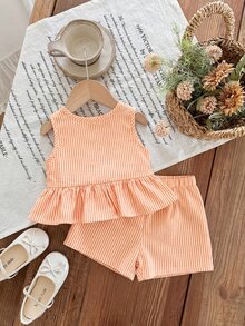 SHEIN Baby Girls Orange Striped Ruffle Hem Peplum Top And Shorts Set - Orange - View 2