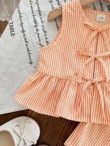 SHEIN Baby Girls Orange Striped Ruffle Hem Peplum Top And Shorts Set - Orange - View 3