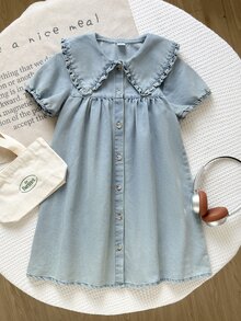 Playful Pals 少女休闲可爱荷叶边水洗蓝色泡泡短袖连衣裙，适合春夏外出、度假、上学、日常穿着 - 淺色水洗藍 - 查看 4