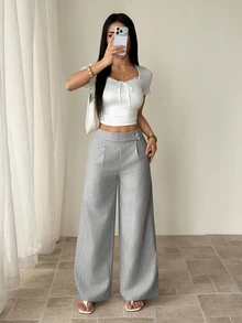 Sinnesro 女款灰色夏季優雅辦公室粉色竹纖維面料腰前疊層扣飾設計教師制服專業休閒寬鬆直筒褲，小個女款 - 灰色 - 查看 5
