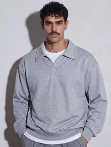 FeverCity Men Solid V-Collar Drop Shoulder Sweatshirt - Grey - View 1