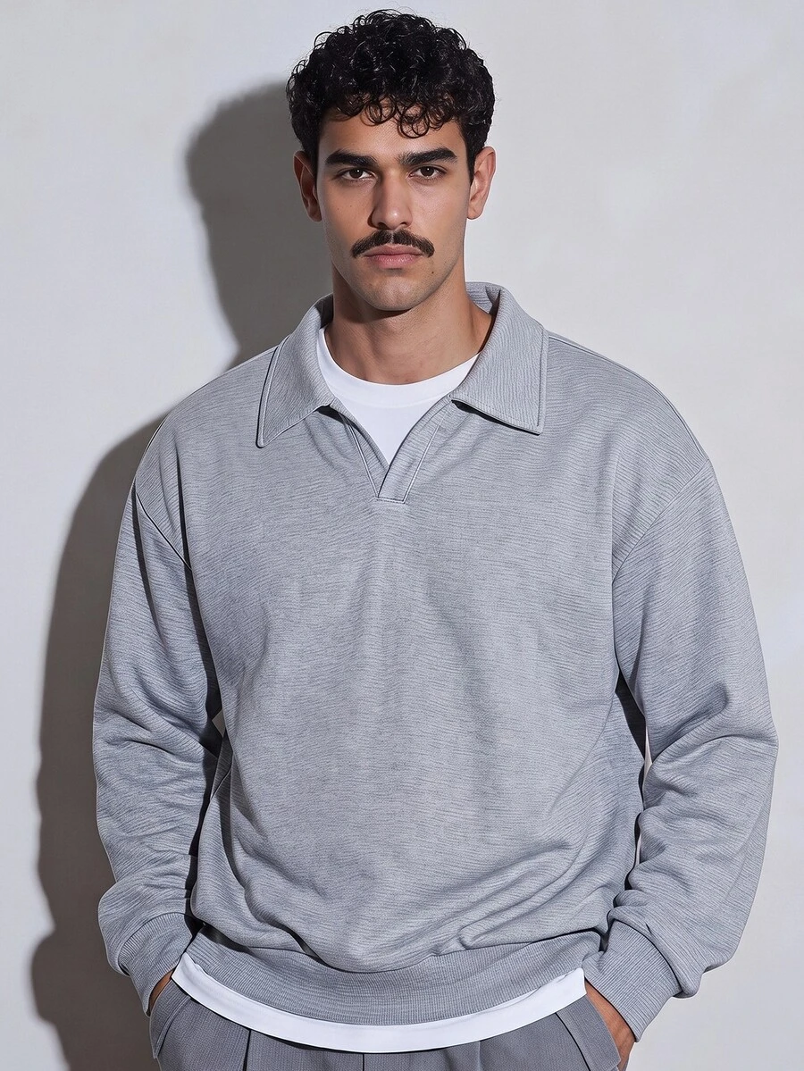 FeverCity Men Solid V-Collar Drop Shoulder Sweatshirt - Grey - View 1