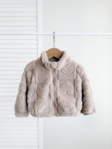SHEIN LMoss Kids LMoss 女嬰可愛休閒毛絨立領夾克，愛心圖案，適合秋冬穿著 - 卡其色 - 查看 4