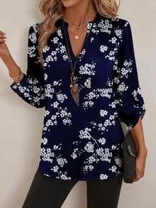 EMERY ROSE 女款優雅海軍藍花卉缺口領襯衫，秋季辦公商務休閒鈕扣開襟長袖紋理布料時尚長版上衣 - 彩色 - 查看 3