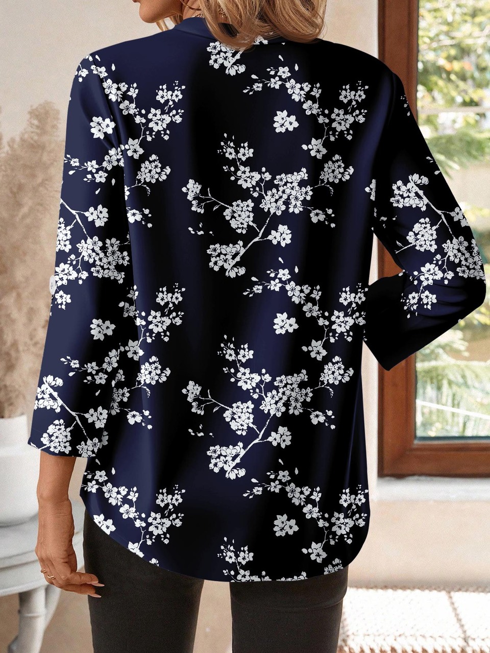 Women's Elegant Navy Blue Floral Notched Neck Blouse,Autumn Office Business Casual Button Up Blouse,Long Sleeve Textured Fabric Chic Tunic Tops Top