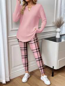 SHEIN LUNE 2pcs/Set Women Casual Light Pink Pink Plaid Pattern Long Sleeve T-Shirt And Leggings, Autumn/Winter, Lounge Everyday - Pink - View 6