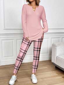 SHEIN LUNE 2pcs/Set Women Casual Light Pink Pink Plaid Pattern Long Sleeve T-Shirt And Leggings, Autumn/Winter, Lounge Everyday - Pink - View 4