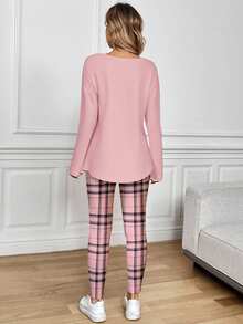 SHEIN LUNE 2pcs/Set Women Casual Light Pink Pink Plaid Pattern Long Sleeve T-Shirt And Leggings, Autumn/Winter, Lounge Everyday - Pink - View 3
