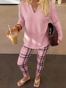 SHEIN LUNE 2pcs/Set Women Casual Light Pink Pink Plaid Pattern Long Sleeve T-Shirt And Leggings, Autumn/Winter, Lounge Everyday - Pink - View 2