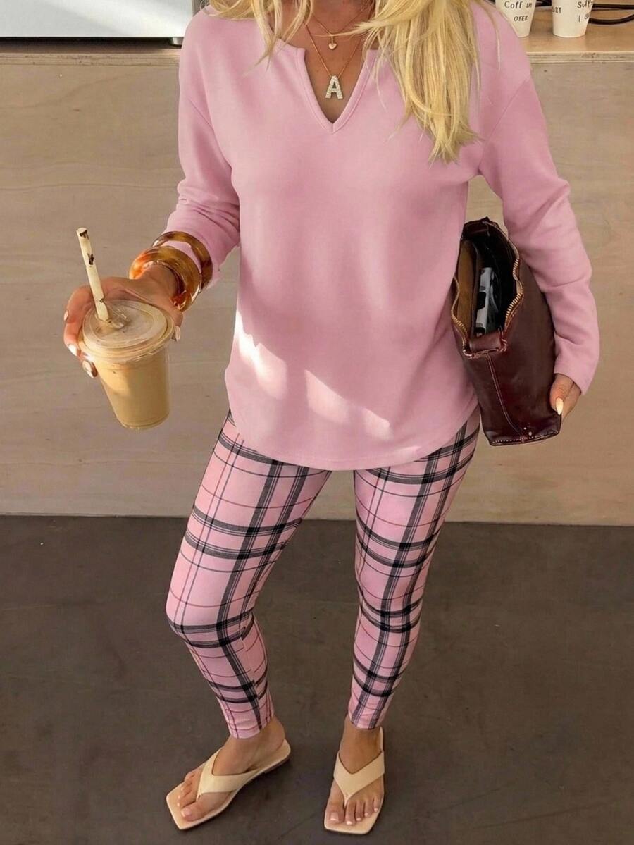 SHEIN LUNE 2pcs/Set Women Casual Light Pink Pink Plaid Pattern Long Sleeve T-Shirt And Leggings, Autumn/Winter, Lounge Everyday