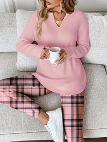 SHEIN LUNE 2pcs/Set Women Casual Light Pink Pink Plaid Pattern Long Sleeve T-Shirt And Leggings, Autumn/Winter, Lounge Everyday - Pink - View 7