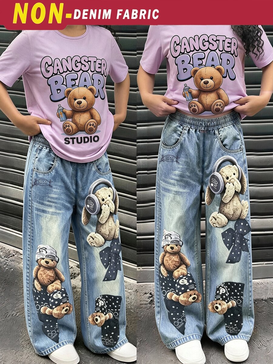 1 Random Piece Tween Girls Wide Leg Digital Leopard Print Sweatpants, Casual Comfortable For Autumn/Winter, Knit, Loose, Back To School,Butterfly - Multicolor - View 1