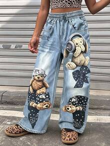 1 Random Piece Tween Girls Wide Leg Digital Leopard Print Sweatpants, Casual Comfortable For Autumn/Winter, Knit,  Loose, Back To School,Butterfly - Multicolor - View 5