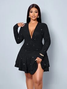 SOLERSUN Plus Size Women's Fashion Elegant Black Sequin Textured Fabric Ruched Fitted Mini Dress With Deep V-Neck, Long Sleeves, Layered Ruffle Hem And Asymmetrical Design, Suitable For Daily Commute, Party, Date, Vacation And Back To School Wear - Black - View 2