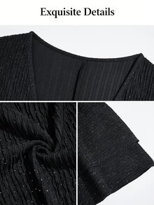 SOLERSUN Plus Size Women's Fashion Elegant Black Sequin Textured Fabric Ruched Fitted Mini Dress With Deep V-Neck, Long Sleeves, Layered Ruffle Hem And Asymmetrical Design, Suitable For Daily Commute, Party, Date, Vacation And Back To School Wear - Black - View 7