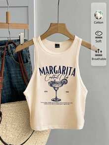 Tseoso Casual Minimalist Round Neck Tight Fit Women's Tank Top, Suitable For Summer, Cocktail Glass Print Pattern,Summer Top - Apricot - View 5