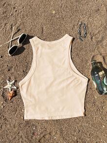 Tseoso Casual Minimalist Round Neck Tight Fit Women's Tank Top, Suitable For Summer, Cocktail Glass Print Pattern,Summer Top - Apricot - View 3