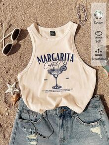 Tseoso Casual Minimalist Round Neck Tight Fit Women's Tank Top, Suitable For Summer, Cocktail Glass Print Pattern,Summer Top - Apricot - View 2