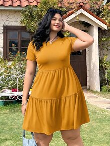 Solflare Vestido elegante de fiesta para mujer de talla grande, de unicolor, cuello redondo y cintura fruncida - Amarillo - Ver 4