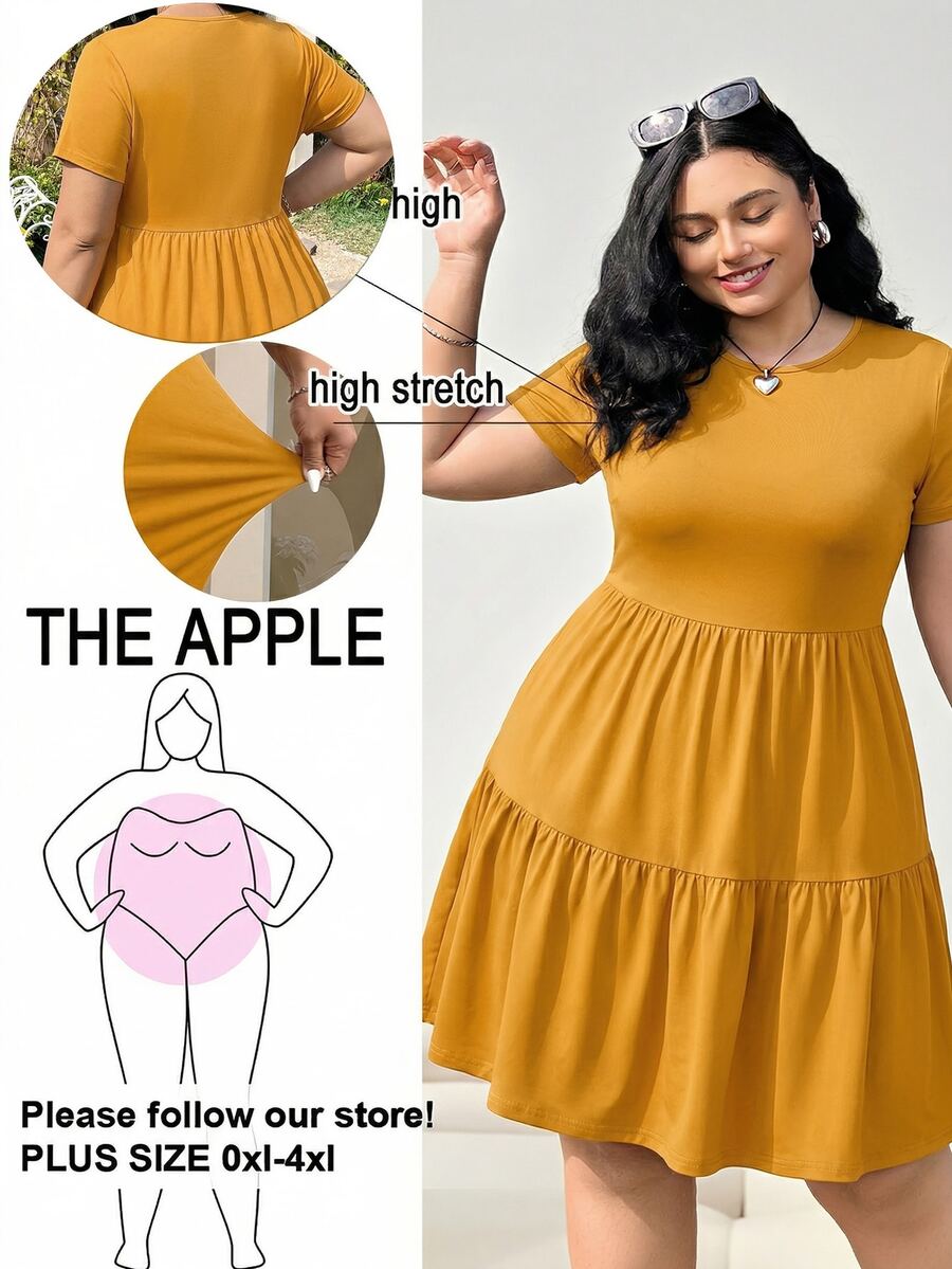 Solflare Vestido elegante de fiesta para mujer de talla grande, de unicolor, cuello redondo y cintura fruncida - Amarillo - Ver 1