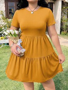 Solflare Vestido elegante de fiesta para mujer de talla grande, de unicolor, cuello redondo y cintura fruncida - Amarillo - Ver 3