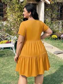 Solflare Vestido elegante de fiesta para mujer de talla grande, de unicolor, cuello redondo y cintura fruncida - Amarillo - Ver 2