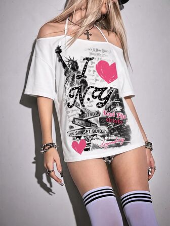 Y2K T-shirt femme Anime Girl 2D Hot Girl, Jour de l'Indépendance, drapeau USA, Statue de la Liberté, col asymétrique licou avec nœud