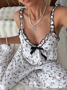 SHEIN Ditsy Floral Print Bow Front Lettuce Trim PJ Set - White - View 1
