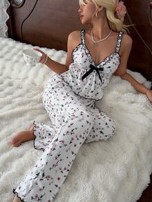 SHEIN Ditsy Floral Print Bow Front Lettuce Trim PJ Set - White - View 3