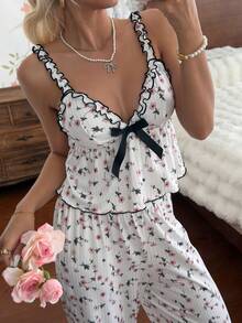 SHEIN Ditsy Floral Print Bow Front Lettuce Trim PJ Set - White - View 5
