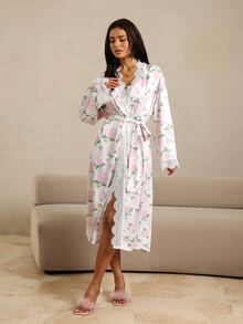 HautHeat Women's Floral Pattern Contrast Lace Long Sleeve Elegant Nightgown - White - View 7