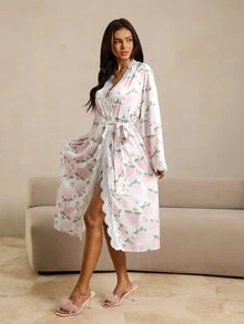 HautHeat Women's Floral Pattern Contrast Lace Long Sleeve Elegant Nightgown - White - View 3