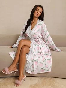 HautHeat Women's Floral Pattern Contrast Lace Long Sleeve Elegant Nightgown - White - View 5