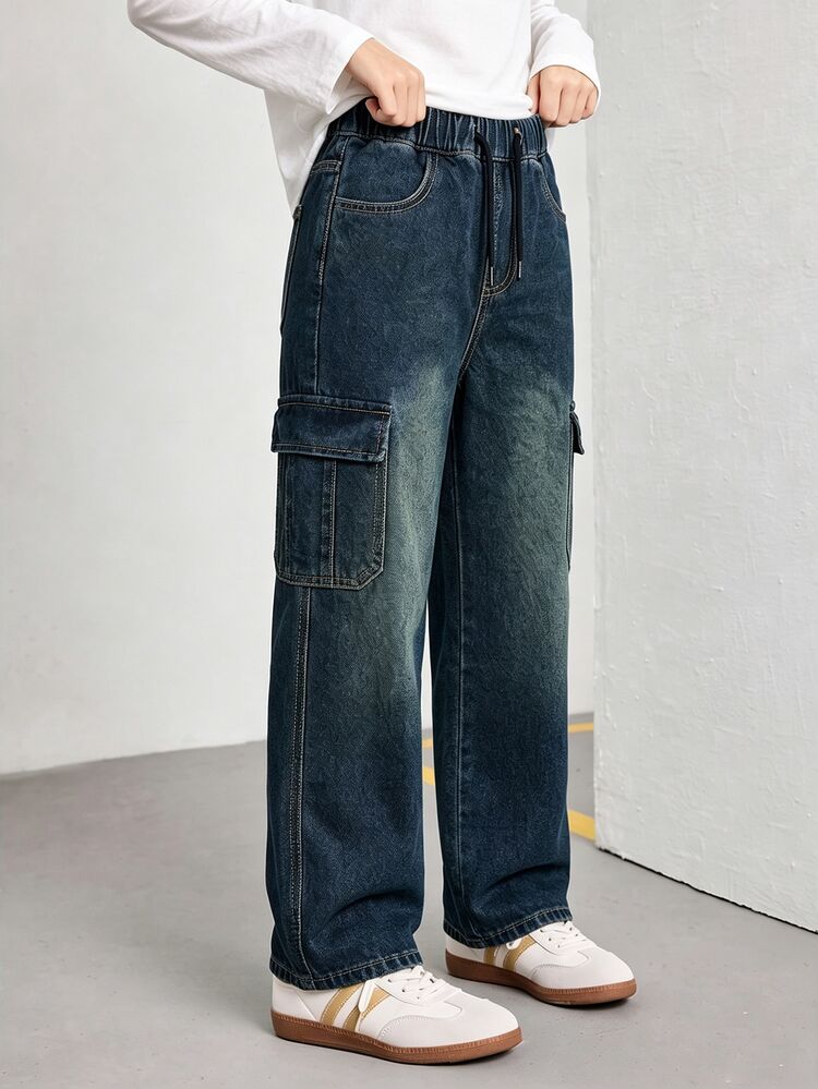 SHEIN Girls' (Big) Denim Jeans, Vintage Dark Blue Straight Leg Loose Fit Jeans, Comfortable Elastic Waistband Girls' Casual Versatile All-Match Style Fashion Loose Wide Leg Washed Cargo Multi-Pocket Denim Jeans, Daily Wear Travel School OODT Fashion Versatile Denim Jeans - Dark Wash - View 3