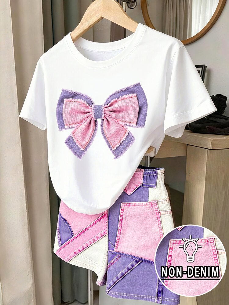 Tween Girls Digital Diamond Pattern Short Sleeve & Shorts Set, Casual Comfortable Autumn/Winter Outfit,Back To Schoo,Holidays,Colorful - Multicolor - View 1