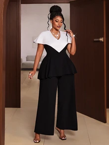 Maweii Plus Two Tone Peplum Top & Wide Leg Pants - Black and White - View 2