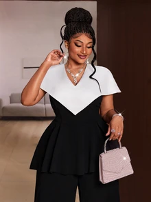 Maweii Plus Two Tone Peplum Top & Wide Leg Pants - Black and White - View 6