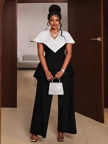 Maweii Plus Two Tone Peplum Top & Wide Leg Pants - Black and White - View 5