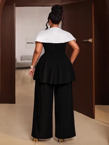 Maweii Plus Two Tone Peplum Top & Wide Leg Pants - Black and White - View 3