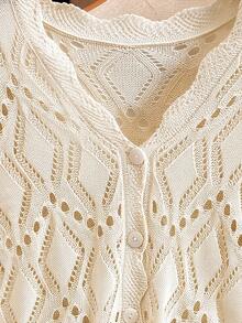 Vionelle Plus Size Perforated Unique Pattern Wavy Edge White Cardigan, Casual Elegant 1960s Knit Thin Jacket Suitable For Beach Vacation Date Night Summer - Apricot - View 7