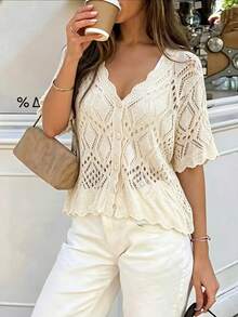 Vionelle Plus Size Perforated Unique Pattern Wavy Edge White Cardigan, Casual Elegant 1960s Knit Thin Jacket Suitable For Beach Vacation Date Night Summer - Apricot - View 1