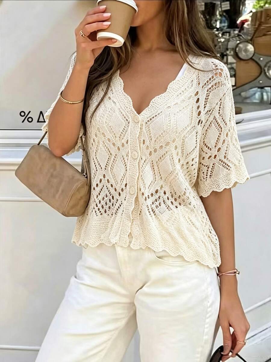 Vionelle Plus Size Perforated Unique Pattern Wavy Edge White Cardigan, Casual Elegant 1960s Knit Thin Jacket Suitable For Beach Vacation Date Night Summer - Apricot - View 1