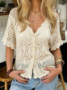 Vionelle Plus Size Perforated Unique Pattern Wavy Edge White Cardigan, Casual Elegant 1960s Knit Thin Jacket Suitable For Beach Vacation Date Night Summer - Apricot - View 3