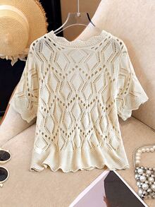 Vionelle Plus Size Perforated Unique Pattern Wavy Edge White Cardigan, Casual Elegant 1960s Knit Thin Jacket Suitable For Beach Vacation Date Night Summer - Apricot - View 2
