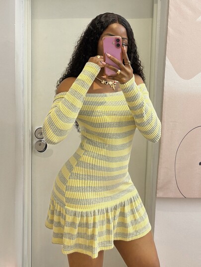 StreetHx Gaun Mini Wanita Musim Gugur/Dingin, Motif Garis-garis Kuning Muda, Lengan Panjang, Berkerut, Potongan Pas di Bagian Bawah, Gaya Vintage Seksi Kasual Preppy, Cocok untuk Belanja, Jalan-jalan, dan Kencan.